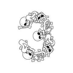 Number 3 skeleton. Bones Font three. Anatomy of an alphabet symbol. dead ABC sign