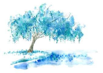 Weeping willow on the lake. Blue tree. Watercolor hand drawn illustration. © jula_lily