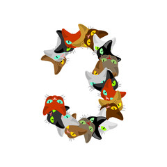 Number 3 cat font. Cats number three. Pet alphabet sign. home animal ABC