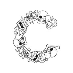 Letter C skeleton Bones Font. Anatomy of an alphabet symbol. dead ABC sign