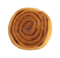 Top view of a single pecan sweet roll isolated on a white background.