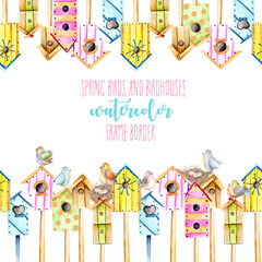 Card template, frame border with watercolor colorful birdhouses, cute birds and nests, hand drawn on a white background