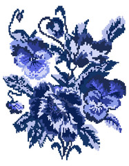 Bouquet of flowers (poppies and pansies) using traditional Ukrainian embroidery elements. Can be used as pixel-art. Blue tones.