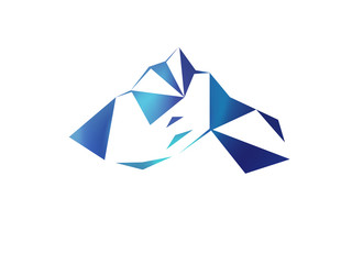 Snow mountains peak (Everest) logo. Much blue triangles. Can be used as sports badge, emblem of mineral water, tourism banner, travel icon, sign, decor...