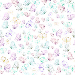 Seamless pattern with watercolor tender butterflies, hand drawn on a white background