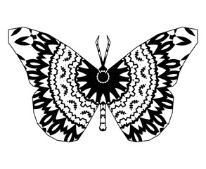 Silhouette of butterfly with circular ornament like spiderweb in red and black tones.  Floral mandala art.