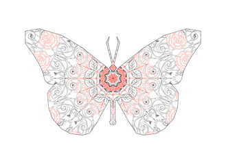 Silhouette of butterfly with circular ornament like spiderweb in red and black tones.  Floral mandala art.