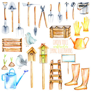 Set, collection of watercolor objects of garden tools illustrations, hand drawn isolated on a white background