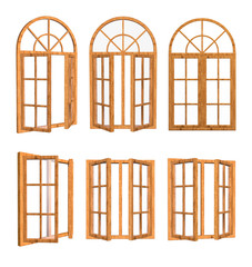 Set of  wooden windows. 3D image isolated on white background
