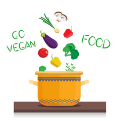 Vegetables fall into pan on white background