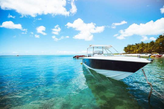 Shot of yacht on crystal water. Tropical island. Voyage concept. Tropical scene. Long palm trees.