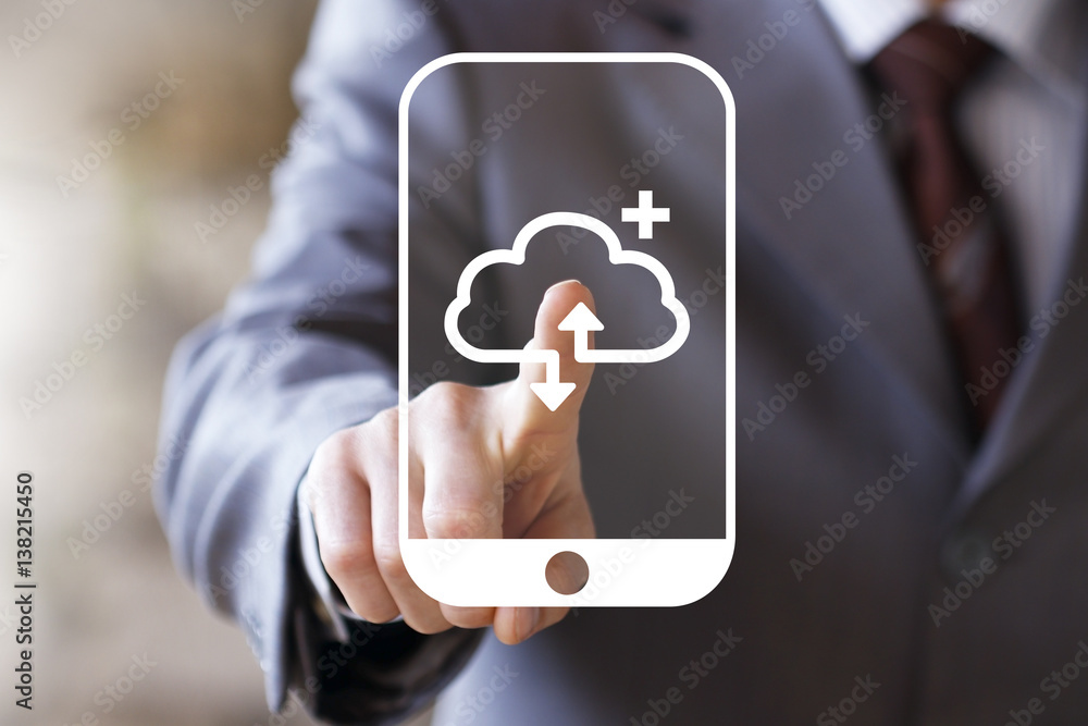 Poster businessman pressing button cloud computing add on smartphone