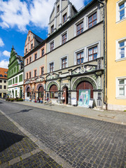Fototapeta na wymiar Altstadt von Weimar, Marktplatz mit Cranachhaus, Weimar, Thüringen, Deutschland