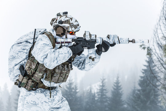 Winter arctic mountains warfare. Action in cold conditions. Trooper with weapons in forest somewhere above the Arctic Circle. Profile, side view