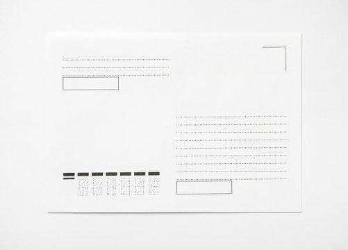 Blank envelope on white background, with place for text, front view