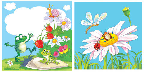 Fototapeta na wymiar Two spring greeting cards. 8 of March. Illustration for children