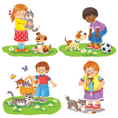 Set of cute boys and girls with their pets. Illustration for children