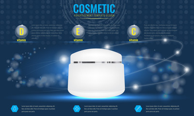 Cosmetic ads template, blank cosmetic mockup with sparkling effect. Product information and translucent liquid ball. Vector 3D illustration