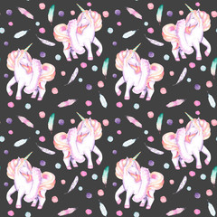Seamless pattern with watercolor pink unicorn in tutu, feathers and confetti, hand drawn isolated on a dark background