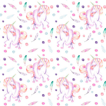 Seamless pattern with watercolor pink unicorn in tutu, feathers and confetti, hand drawn isolated on a white background