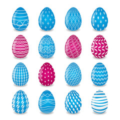 set of pink and blue easter eggs with white patterns