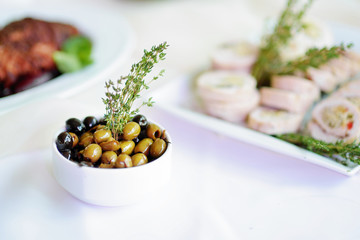 Delicious olives served on a party or wedding reception