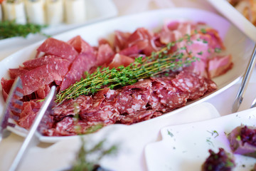 Delicious assorted wine snacks served on a party or wedding reception