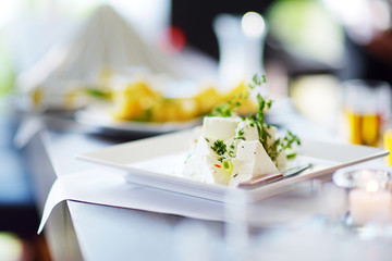 Different kinds of wine snacks and variuos cheeses on white table