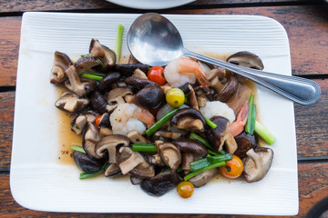 close up mushroom fried with shrimps.healthy food