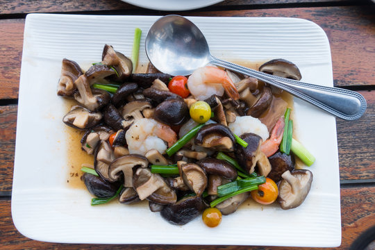 close up mushroom fried with shrimps.healthy food