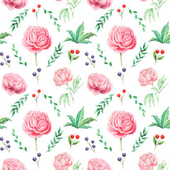 Seamless watercolor pattern with flowers and leaves, isolated on white background - 138223498