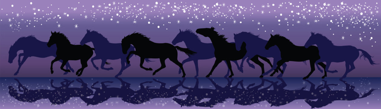 Vector background with dark horses galloping in the night