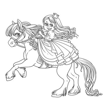 Cute princess riding on a horse that bucks front hooves outlined picture for coloring book on white background