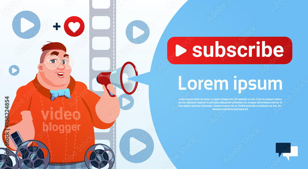 Poster man video blogger camera computer screen blogging subscribe concept flat vector illustration