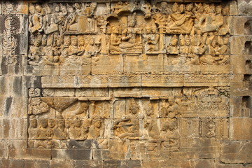 Relief of Borobudur temple in Yogyakarta, Java, Indonesia/Borobudur temple stupas near Yogyakarta, Java, Indonesia