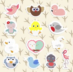 Obraz premium set of children's stickers cute birds in cartoon style. collection baby stripes, labels and icons.baby shower or arrival. vector illustration. pattern for decoration or greetings