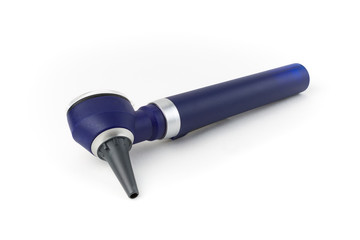 Medical Equipment Otoscope From Side, Isolated on White Background. Focus stacking. Extreme depth of field.