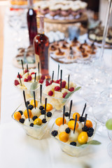 The vases with melon,blackberries and lemons stand on the banquet table