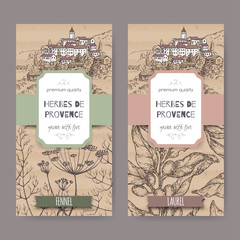 Two labels with Provence town landscape, fennel and laurel sketch.