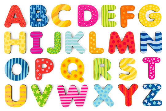 Colorful wood alphabet letters on a white background