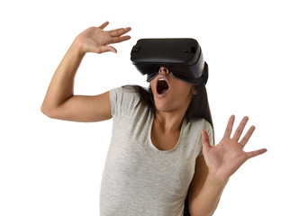 attractive happy woman excited using 3d goggles watching 360 virtual reality vision enjoying