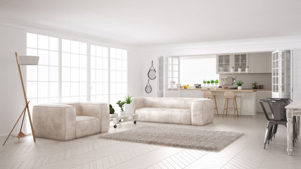 Minimalist white living and kitchen, scandinavian classic interior design