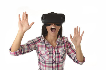 young attractive happy woman excited using 3d goggles watching 360 virtual reality vision enjoying