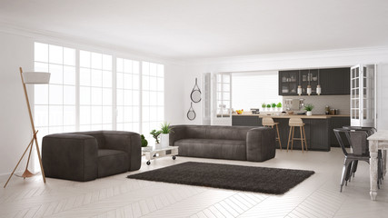 Minimalist white living and kitchen, scandinavian classic interior design