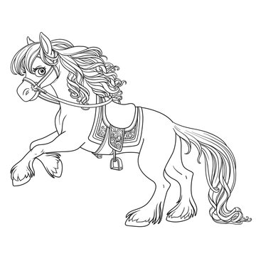 Cute horse with lush mane bucks front hooves outlined picture for coloring book on white background