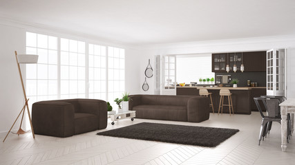 Naklejka na ściany i meble Minimalist white and brown living and kitchen, scandinavian classic interior design