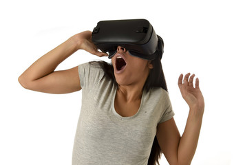 attractive happy woman excited using 3d goggles watching 360 virtual reality vision enjoying