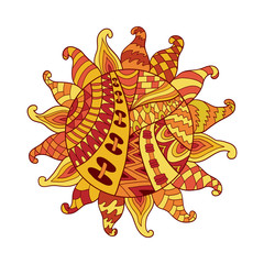 Zentangle sun vector symbol. Sun tribal doodle ornament. Colorful ethnic pattern.