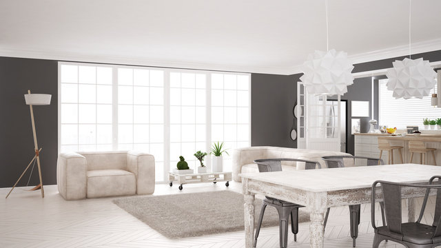 Minimalist white living and kitchen, scandinavian classic interior design