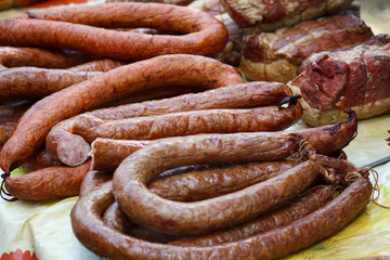 Various sausages on the counter closeup. Food